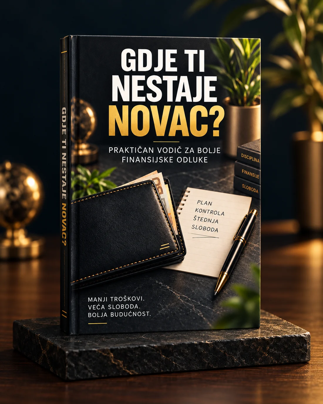 Prikaz korice knjige Gdje ti nestaje novac? sa novčanikom i planom za bolju kontrolu novca